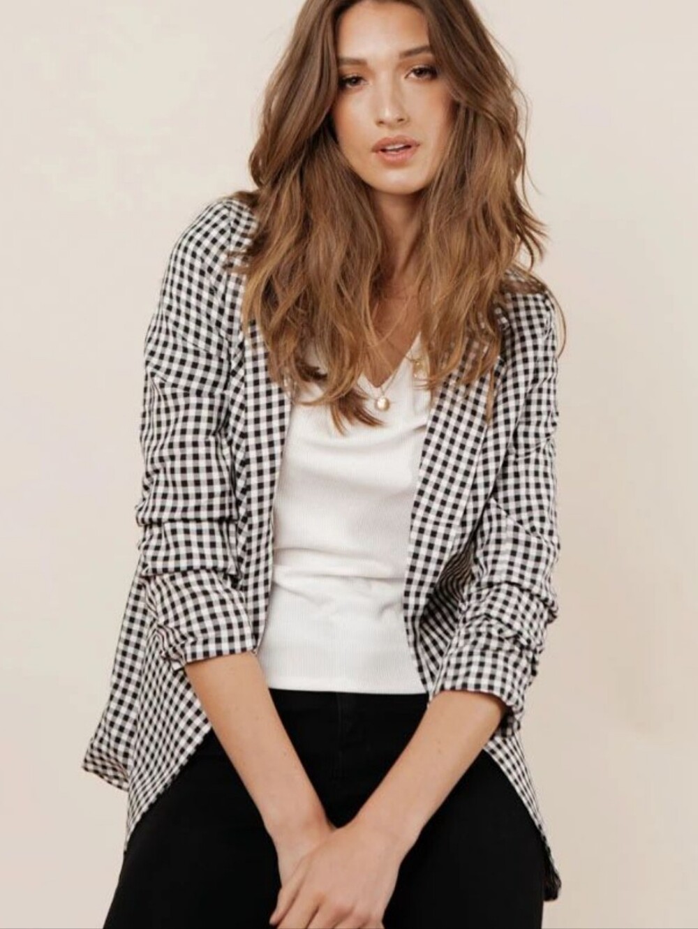 ​Böhme Black & White Gingham Ruched Sleeve Blazer - Size S